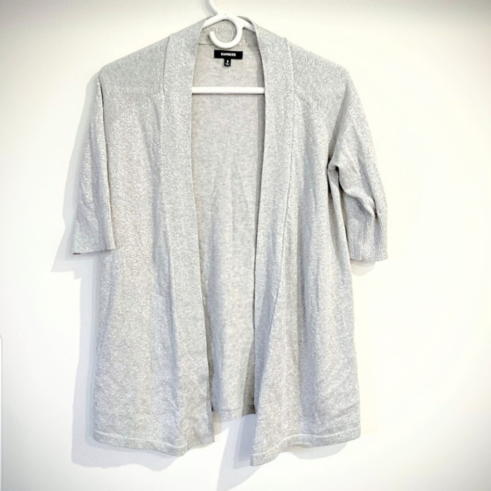 Sparkly Silver 3/4 Sleeve Open-Front Cardigan
